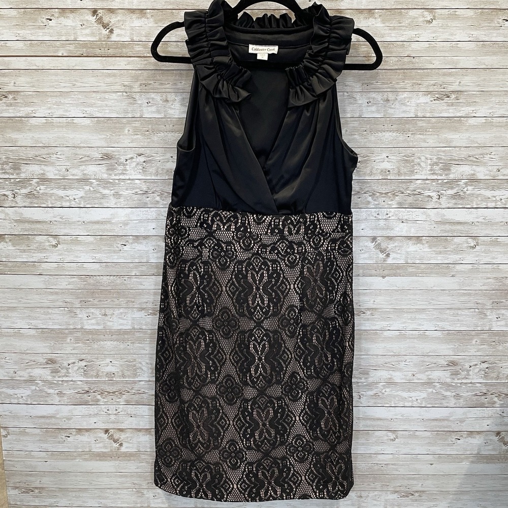 Coldwater Creek Womens 14 Dress Cocktail Black Tan Lace Ruffled Neck Sleeveless